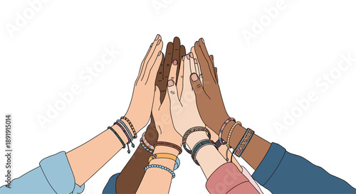 Hands of Various Ethnicities Touching Palms Upwards in a Group High Five for Solidarity and Community Partnership.