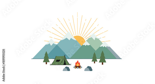 Simple Camping Site Illustration with Green Tent Campfire and Pine Trees under a Morning Sun in a Mountain Landscape.