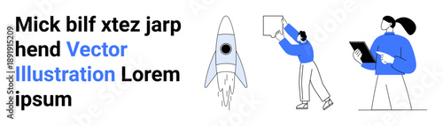 Startup strategy, teamwork, business planning, innovation, entrepreneurship, project management. A rocket growth, while people collaborate and brainstorm. Startup strategy and teamwork concept
