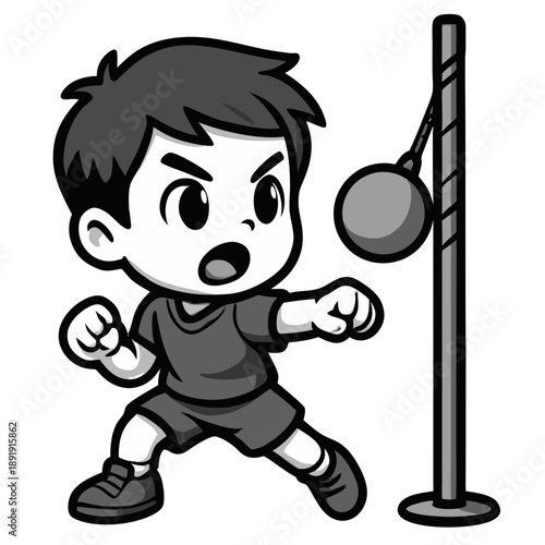 Young cartoon boy tetherball player hit the ball. Cute cartoon style, clear outlines, simplified shapes, large expressive eyes, clean vector look, monochrome palette in shades of gray, isolated
