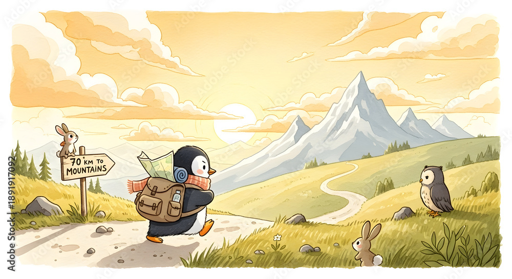 Obraz premium Charming storybook-style illustration of a small penguin with a tiny backpack walking toward snowy mountains, symbolizing hope, adventure, and an inspiring journey.