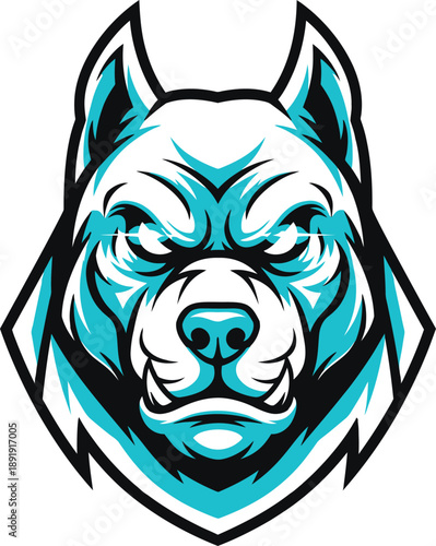 Aggressive husky dog mascot head vector illustration featuring a fierce cyan and white canine face with glowing eyes for sports team logo design.