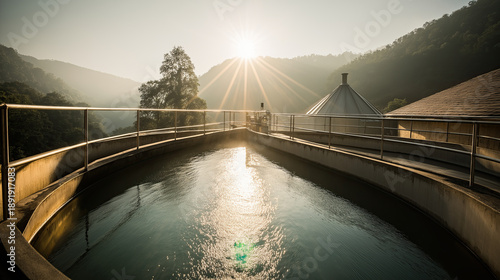 A water treatment plant at sunrise. Industrial water purification facility with sun reflecting on a basin. Sustainability and clean resource management concept