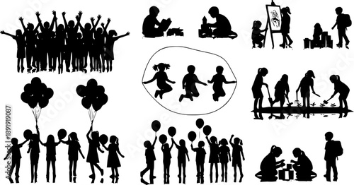 Large collection of black silhouettes featuring children playing with balloons, skipping rope, gardening, and cheering, creative childhood activities and school education 