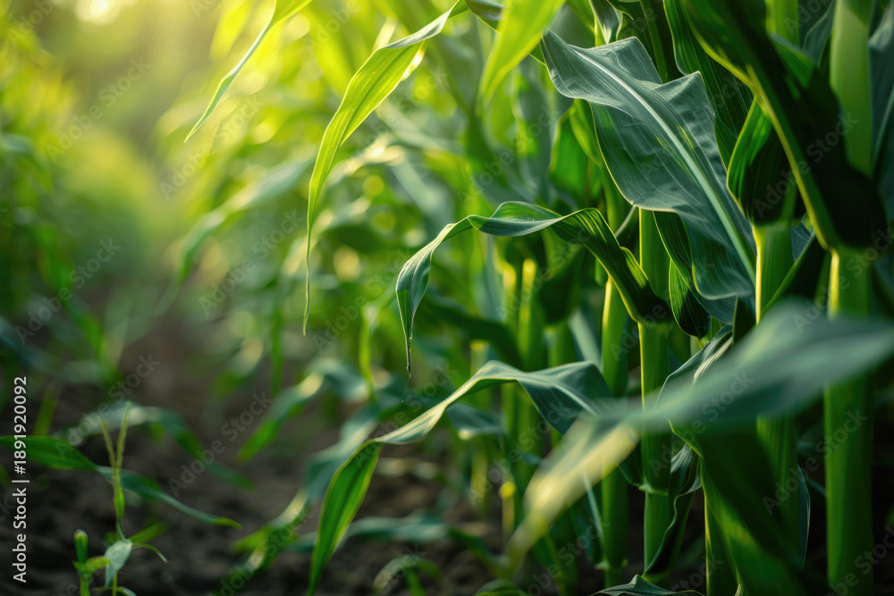 Obraz premium young green and healthy corn or maize leaves at agriculture plantation field beside farm.