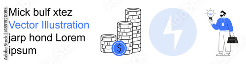 Economic growth, innovation, energy savings, entrepreneurship, investment management, leadership. Stack of coins, lightning icon man holding bulb. Innovation and economic growth concept