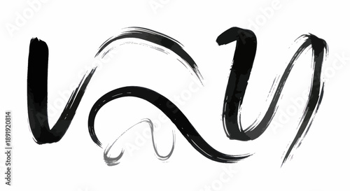 Abstract Black Brush Strokes and Swirls on White Background.