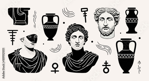 Ancient Greek and Roman Busts with Amphorae and Abstract Symbols.