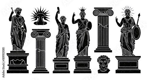 Ancient Greek and Roman Mythology Statues and Columns Set.