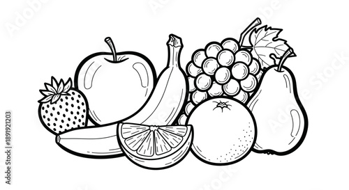Assortment of fresh fruits in a black and white line art drawing.