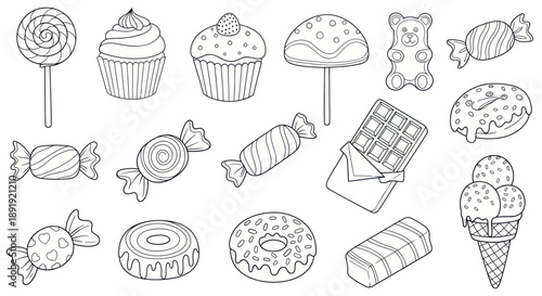 Assortment of hand drawn sweet treats and candies in outline style.