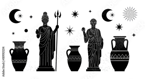 Ancient Greek Statues and Pottery with Celestial Elements.