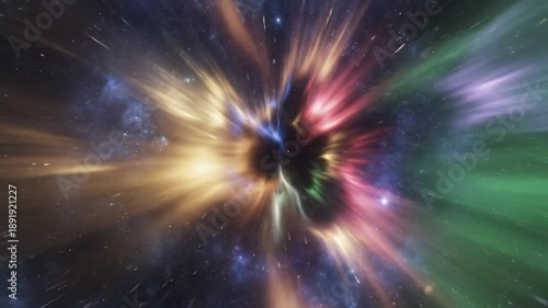 Abstract space time tunnel of exploding energy and particles through a colorful black hole in the cosmos