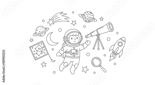 Astronaut in space with planets, stars, and space exploration elements.