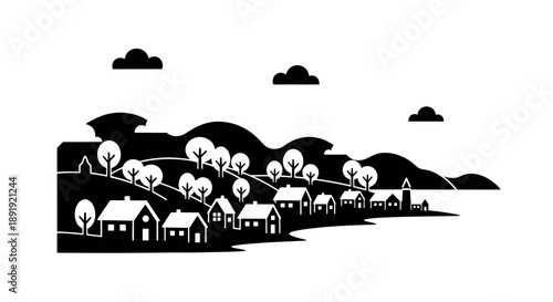 Black and white illustration of a charming village nestled in rolling hills with trees and clouds.