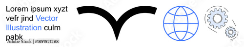 Global communication, technology systems, mechanical engineering, process management, data distribution, network concepts. Minimalistic black bird, blue globe and gear symbols. Global communication