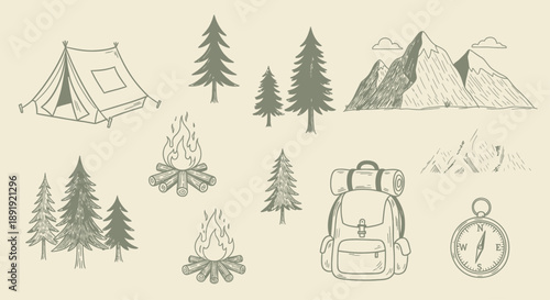 Camping Adventure Gear and Nature Elements Collection.