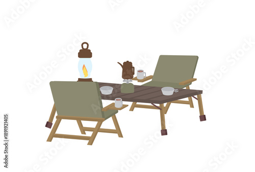 落ち着いた雰囲気のキャンプのテーブルと椅子のイラスト
