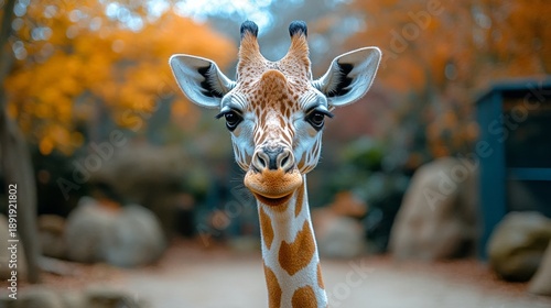 A close-up portrait of a curious giraffe with a soft autumnal background, showcasing its expressive eyes and distinctive pattern.