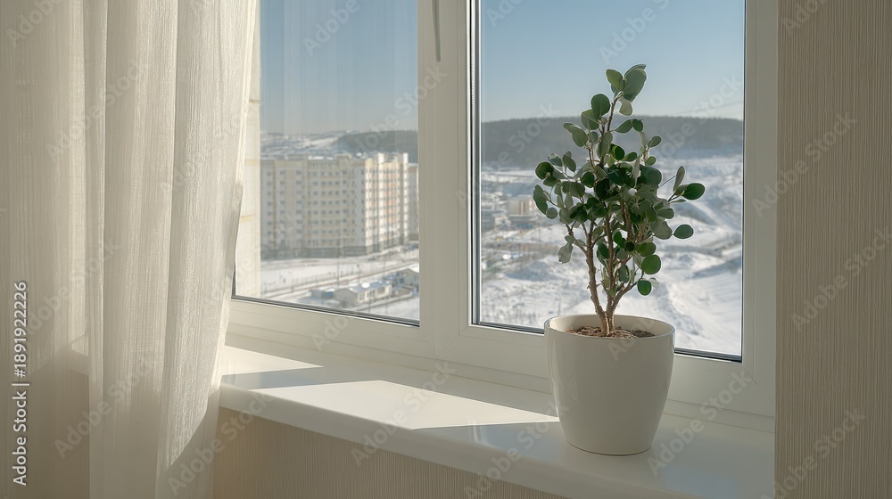 Fototapeta premium Small potted foliage sits upon a windowsill overlooking a snow-covered urban landscape.