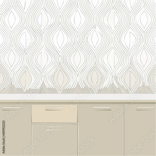 Modern Kitchen Cabinetry with Elegant Wallpaper Design.