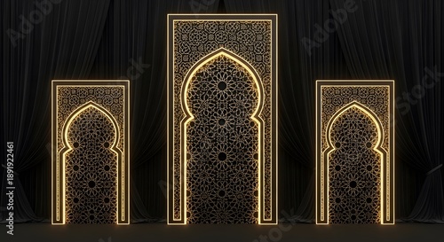 Illuminated golden Islamic archways with intricate geometric patterns against a black backdrop.