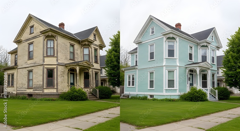 Fototapeta premium Before and After a House Renovation with Fresh Paint and Restored Curb Appeal