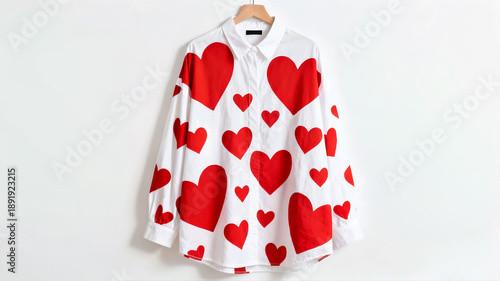 Wallpaper Mural White oversized button-down shirt with vibrant red heart pattern for Valentine's Day fashion. Torontodigital.ca