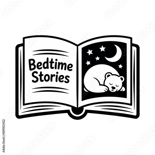 Open book displays a sleeping bear under the moon for bedtime stories logo concept.