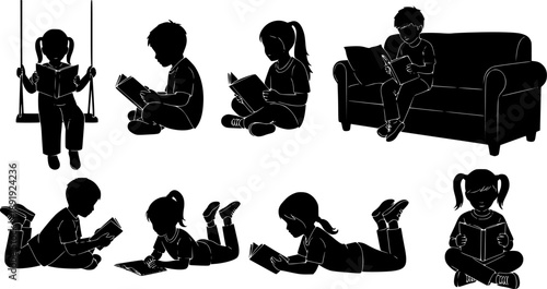 Black Silhouette Collection of Children Reading Books in Various Positions Including Sitting on Swing and Sofa for Education and Literacy Vector Illustration