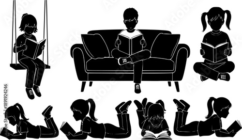 Black Silhouette Collection of Children Reading Books in Various Positions Including Sitting on Swing and Sofa for Education and Literacy Vector Illustration