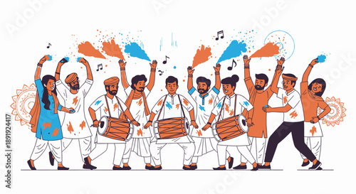 Vibrant celebration of cultural heritage with energetic dancers and musicians performing together in traditional attire