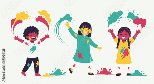 Children joyfully celebrating Holi festival with vibrant colors in the air