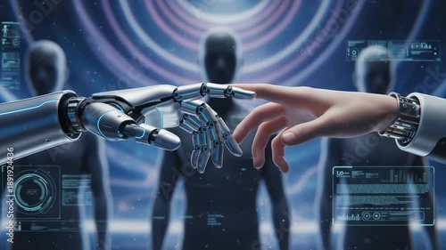 Futuristic humanoid robot hand and human hand touch in lab with holographic data, silhouettes and digital interface evoking connection and innovation