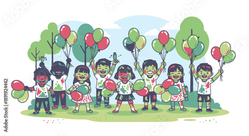 Children happily playing outside with colorful balloons in a lush green park on a sunny day