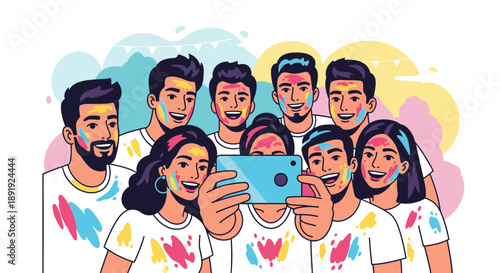 Group of diverse young adults taking selfie with colorful powder on faces and clothes