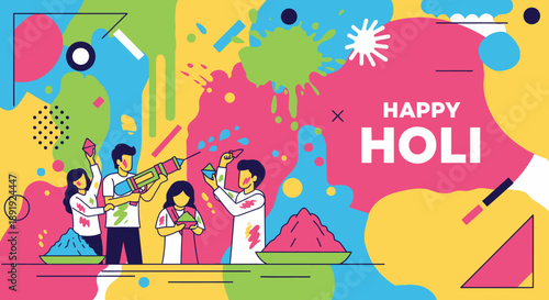 Vibrant Holi Celebration with People Dancing and Playing with Colors in a Joyful Scene