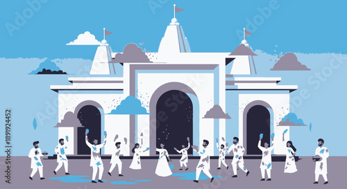 People gathering at a cultural temple entrance with arched doorways and domes illustration