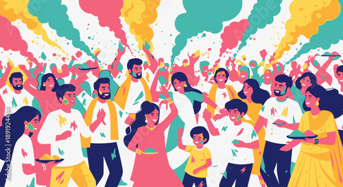 Vibrant cultural festival celebration with diverse crowd, colorful smoke, lively atmosphere, joyful people, and traditional attire in an urban setting