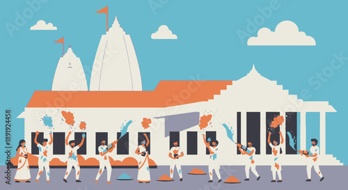 Procession Marching Towards Temple with Flags and Banners on a Cloudy Day