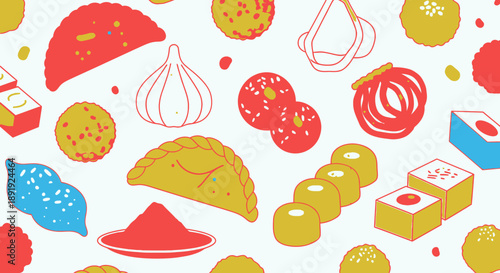 Assorted traditional cuisine delicacies displayed vibrantly on a flat surface