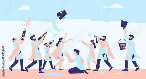 A group of people having a water fight on a sunny day at the beach