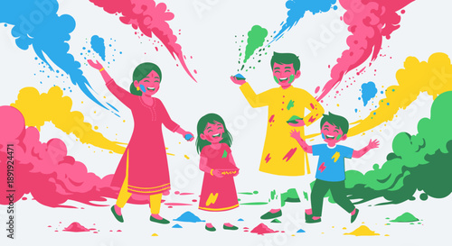 Family Celebrating Holi Festival with Colorful Powder in Joyful Scene