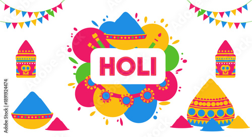Vibrant Holi Celebration with Colorful Powders and Decorations Surrounding the Festival Name in a Joyful Scene