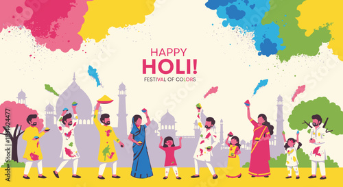 Vibrant Holi celebration with people dancing and throwing colorful powders in the air