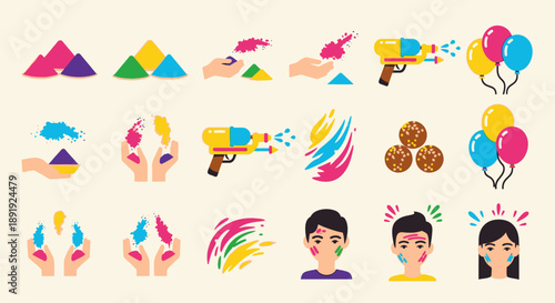 Colorful Illustrations of People Celebrating Holi with Vibrant Paint and Balloons in a Joyful Scene