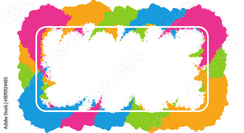 Vibrant splatter frame with colorful paint around a white rectangular border viewed straight on