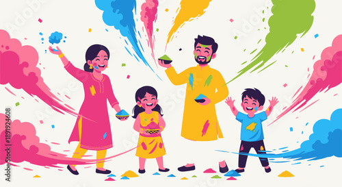 Family Celebrating Holi Festival with Colorful Powder in Vibrant Outfits