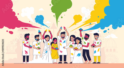 Vibrant group of people celebrating Holi festival with colorful powder in the air