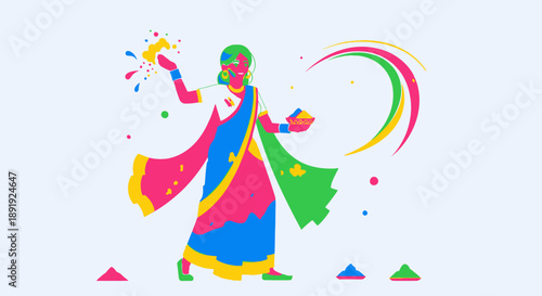 Vibrant Woman Celebrating Holi Festival with Colorful Powder and Dance in Traditional Attire